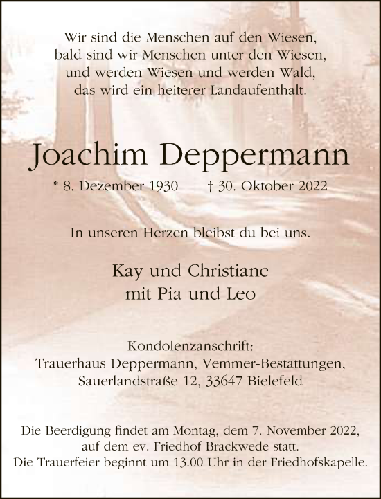 Traueranzeige von Joachim Deppermann von Neue Westfälische