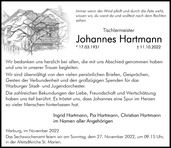 Traueranzeige von Johannes Hartmann von Neue Westfälische