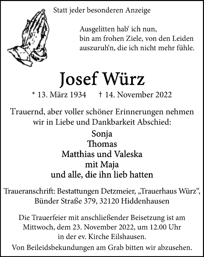  Traueranzeige für Josef Würz vom 19.11.2022 aus Neue Westfälische