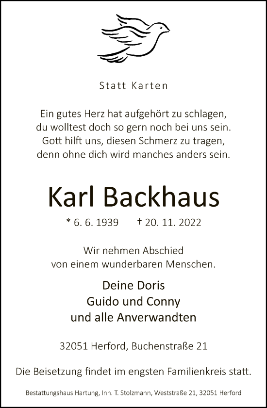 Traueranzeige von Karl Backhaus von Neue Westfälische