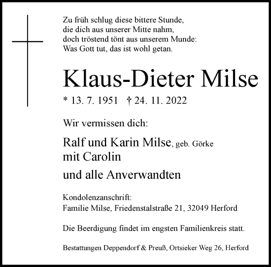 Traueranzeige von Klaus-Dieter Milse von Neue Westfälische