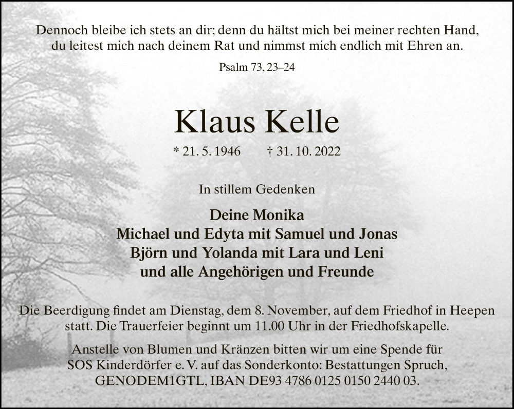  Traueranzeige für Klaus Kelle vom 05.11.2022 aus Neue Westfälische