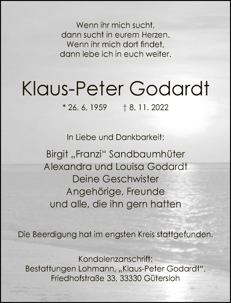  Traueranzeige für Klaus-Peter Godardt vom 19.11.2022 aus Neue Westfälische