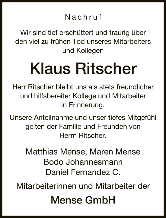 Traueranzeige von Klaus Ritscher von Neue Westfälische
