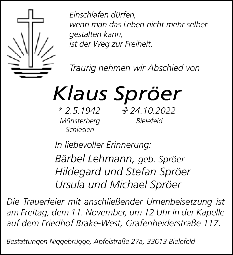  Traueranzeige für Klaus Spröer vom 05.11.2022 aus Neue Westfälische