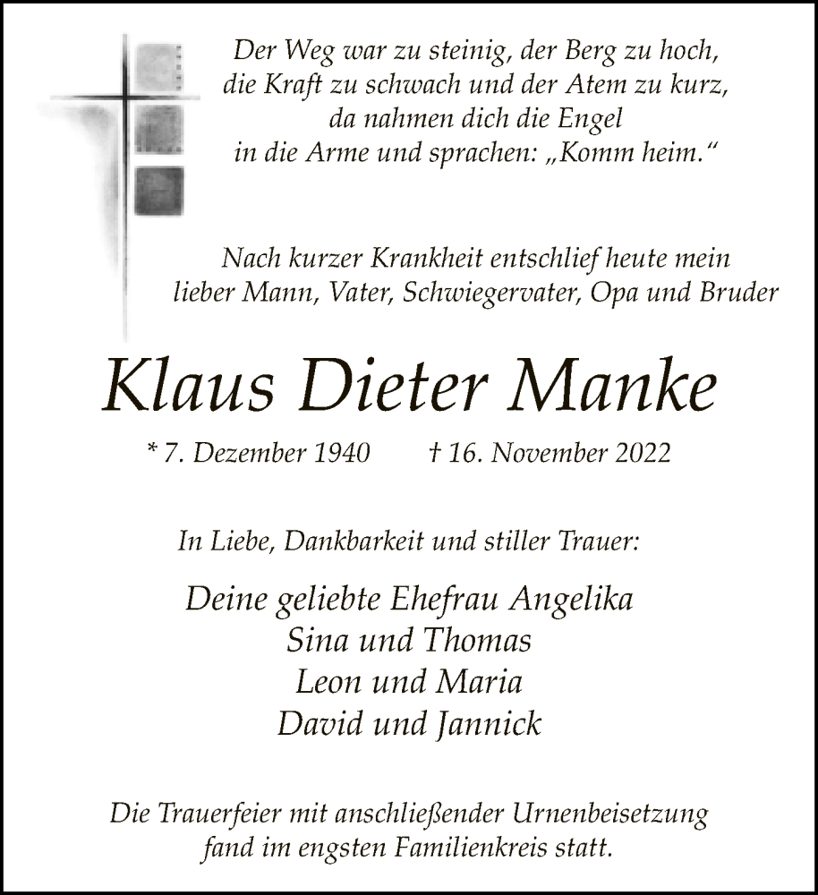  Traueranzeige für Klaus Dieter Manke vom 29.11.2022 aus Neue Westfälische