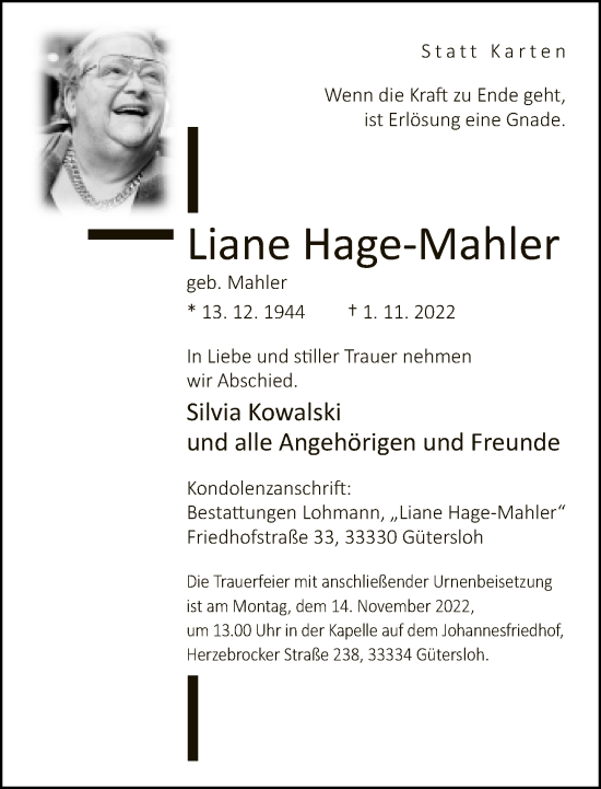 Traueranzeige von Liane Hage-Mahler von Neue Westfälische