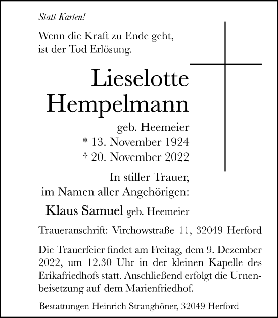 Traueranzeige von Lieselotte Hempelmann von Neue Westfälische
