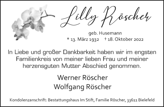 Traueranzeige von Lilly Röscher von Neue Westfälische