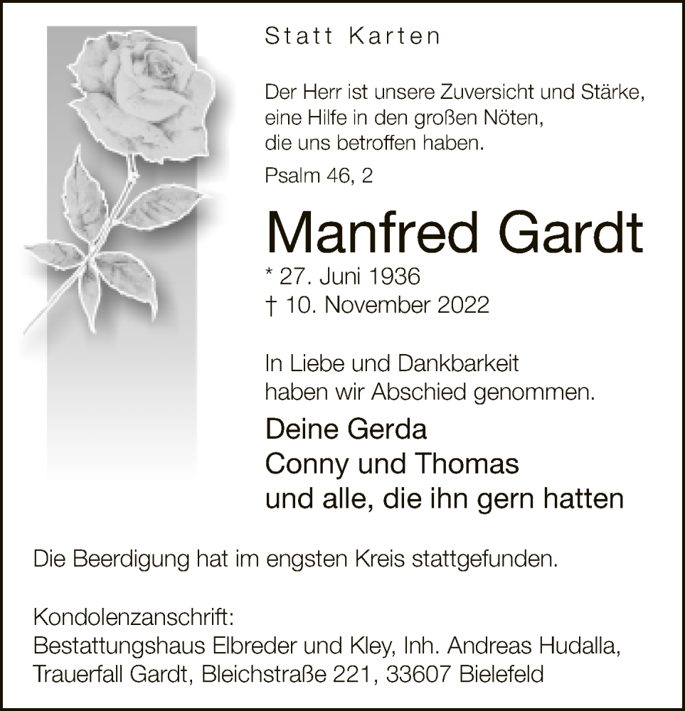  Traueranzeige für Manfred Gardt vom 19.11.2022 aus Neue Westfälische