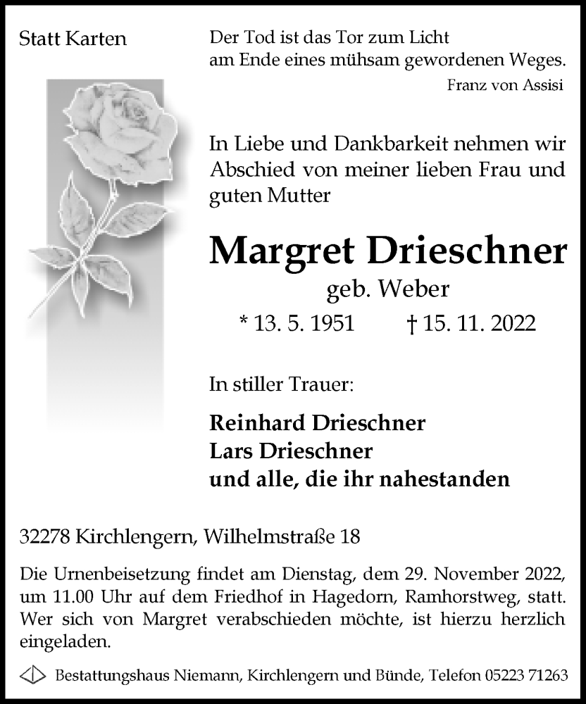  Traueranzeige für Margret Drieschner vom 19.11.2022 aus Neue Westfälische