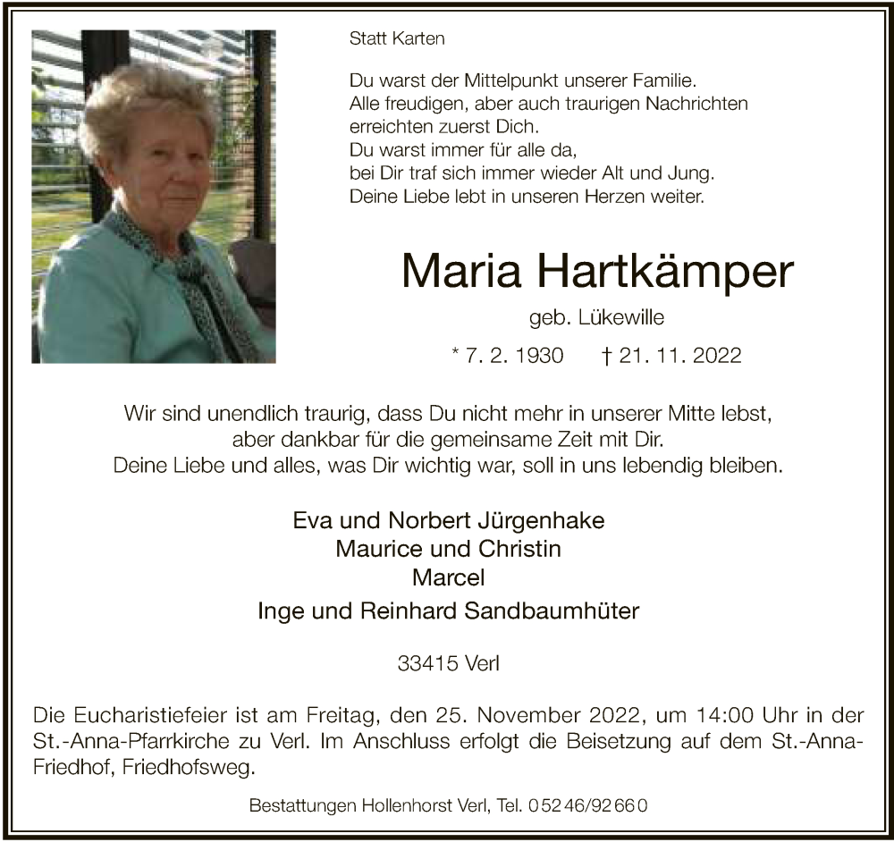  Traueranzeige für Maria Hartkämper vom 23.11.2022 aus Neue Westfälische