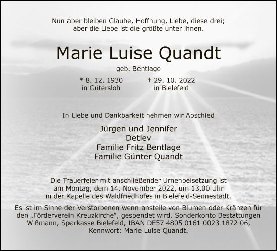 Traueranzeige von Marie Luise Quandt von Neue Westfälische