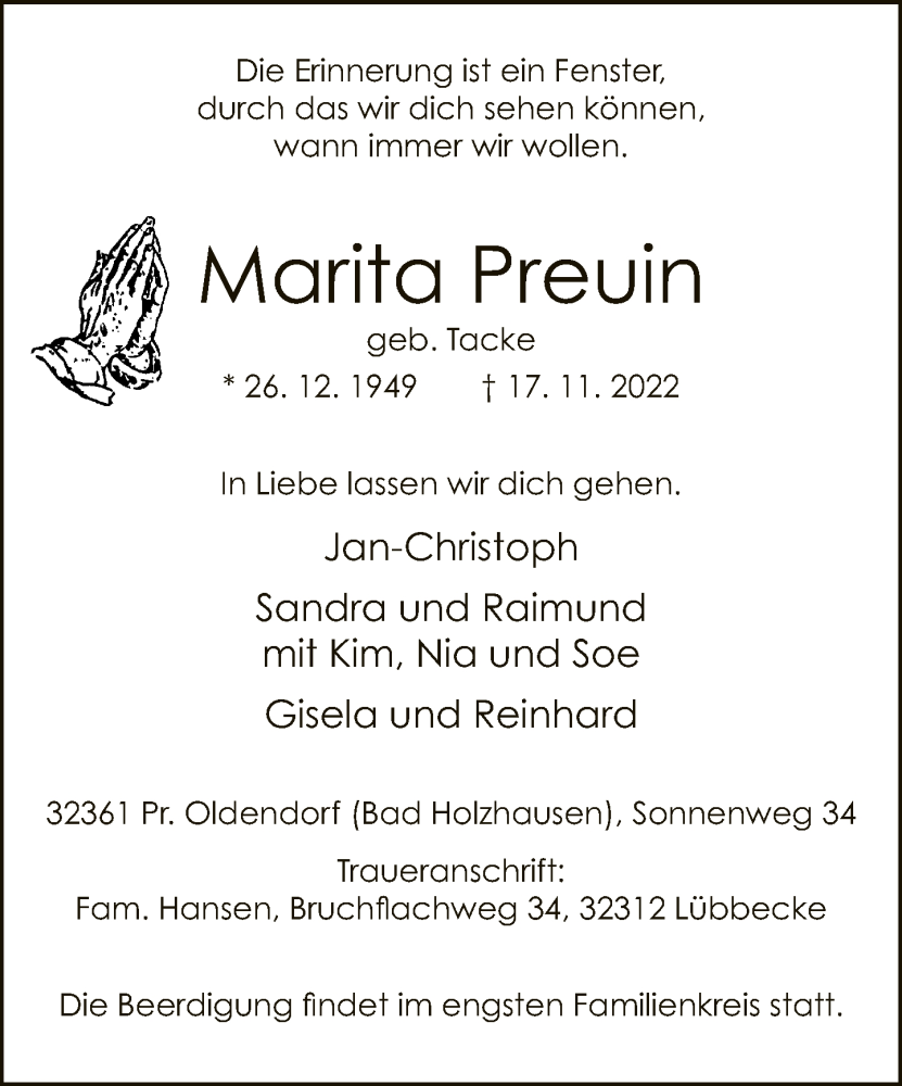  Traueranzeige für Marita Preuin vom 25.11.2022 aus Neue Westfälische