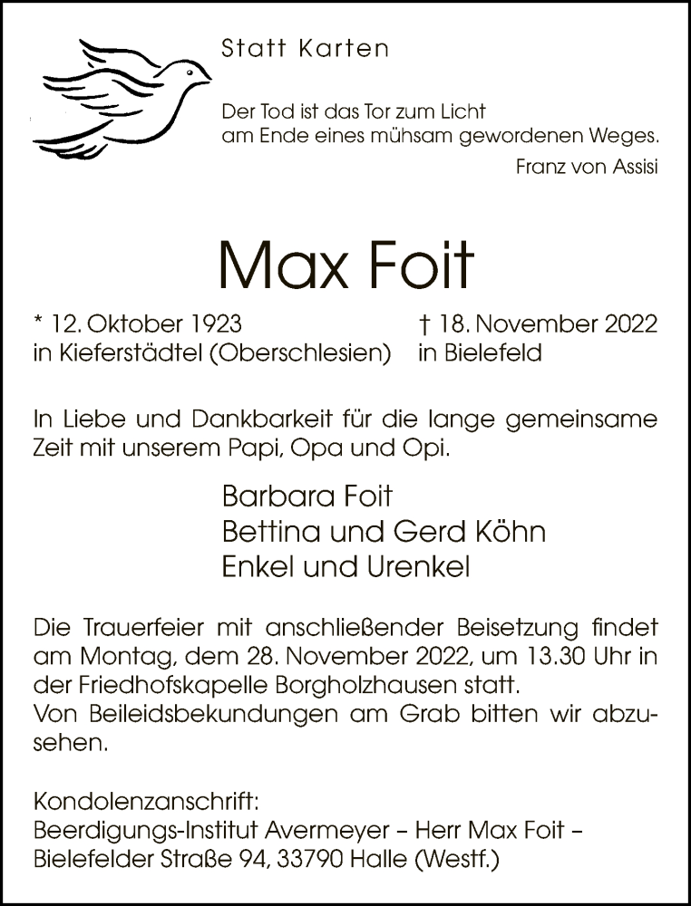  Traueranzeige für Max Foit vom 25.11.2022 aus Neue Westfälische