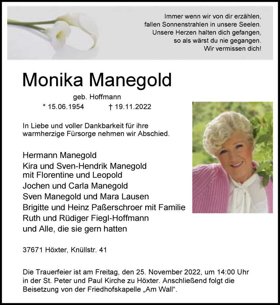  Traueranzeige für Monika Manegold vom 22.11.2022 aus Neue Westfälische