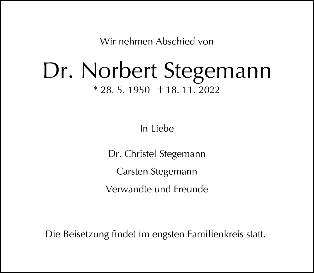  Traueranzeige für Norbert Stegemann vom 23.11.2022 aus Neue Westfälische