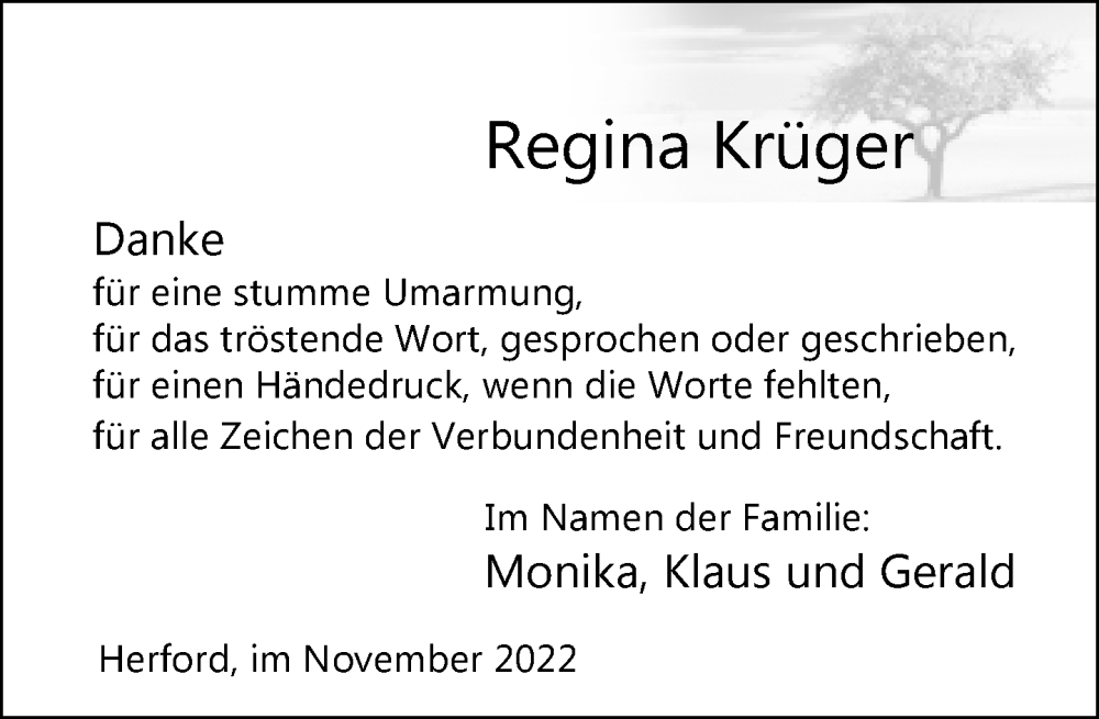  Traueranzeige für Regina Krüger vom 05.11.2022 aus Neue Westfälische