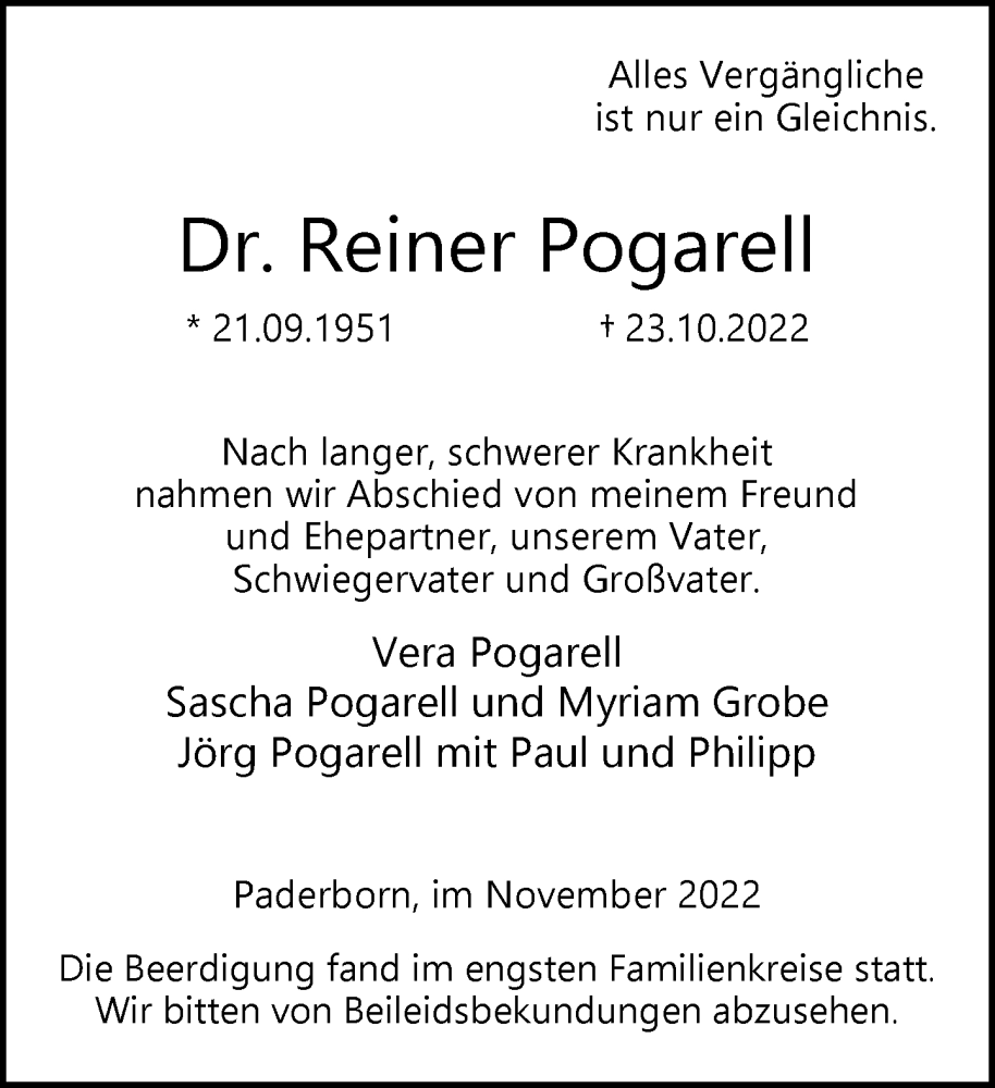  Traueranzeige für Reiner Pogarell vom 01.11.2022 aus Neue Westfälische