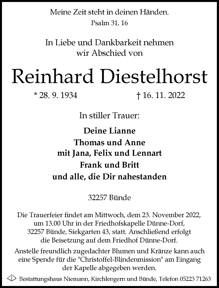  Traueranzeige für Reinhard Diestelhorst vom 19.11.2022 aus Neue Westfälische