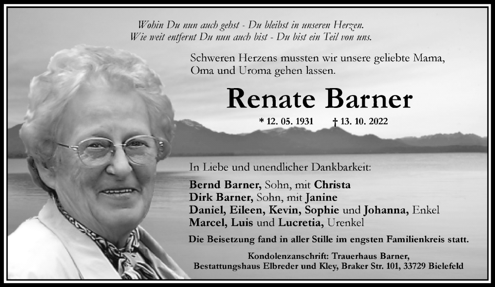  Traueranzeige für Renate Barner vom 12.11.2022 aus Neue Westfälische