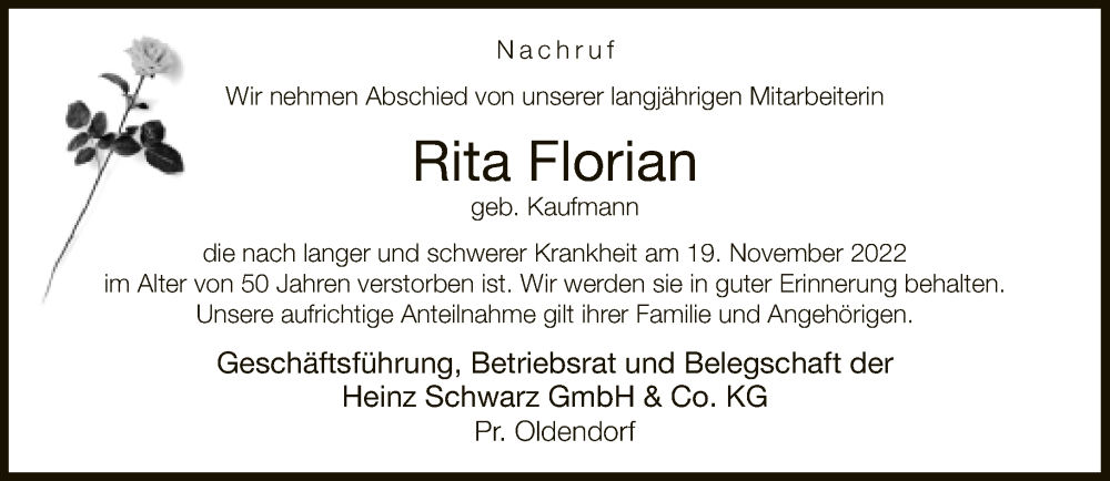  Traueranzeige für Rita Florian vom 24.11.2022 aus Neue Westfälische