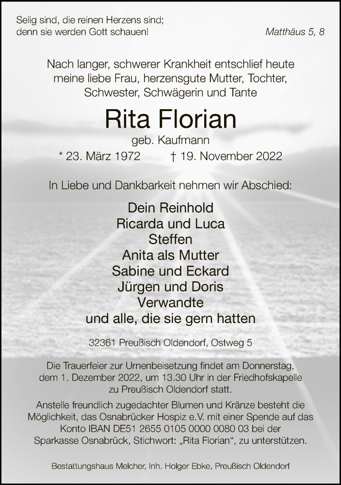  Traueranzeige für Rita Florian vom 23.11.2022 aus Neue Westfälische