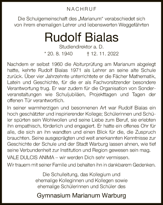 Traueranzeige von Rudolf Bialas von Neue Westfälische