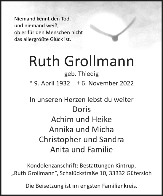 Traueranzeige von Ruth Grollmann von Neue Westfälische