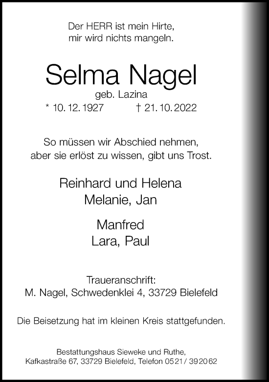 Traueranzeige von Selma Nagel