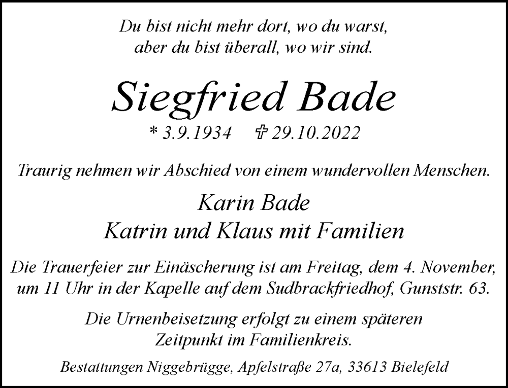  Traueranzeige für Siegfried Bade vom 01.11.2022 aus Neue Westfälische