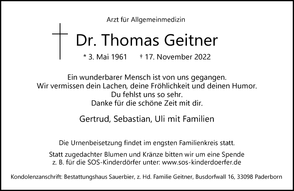  Traueranzeige für Thomas Geitner vom 23.11.2022 aus Neue Westfälische