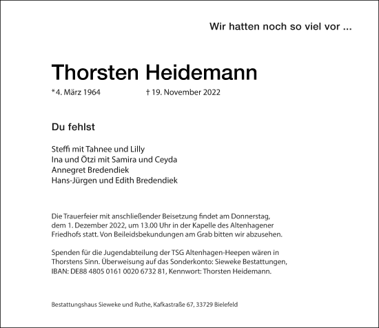 Traueranzeige von Thorsten Heidemann