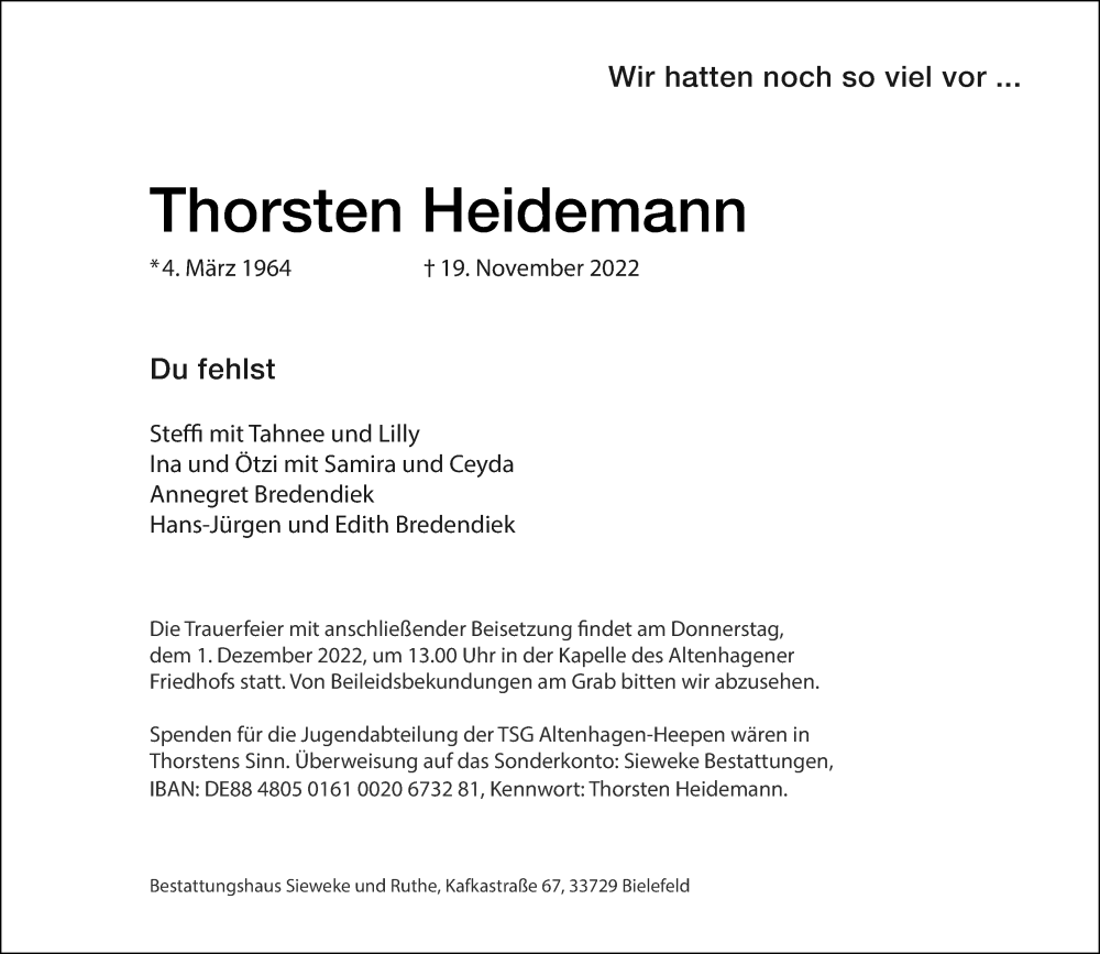 Traueranzeige für Thorsten Heidemann vom 26.11.2022 aus Neue Westfälische