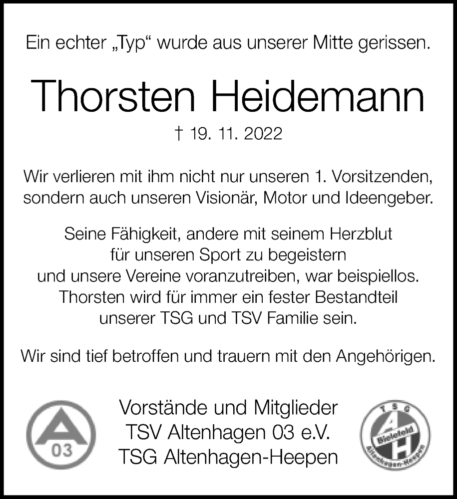  Traueranzeige für Thorsten Heidemann vom 26.11.2022 aus Neue Westfälische