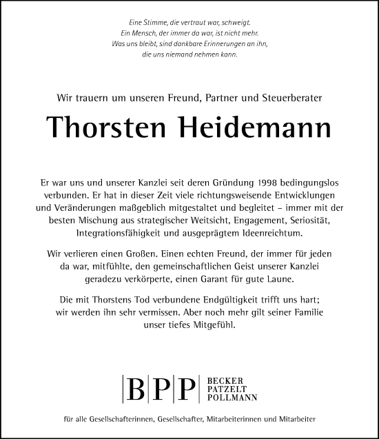 Traueranzeige von Thorsten Heidemann