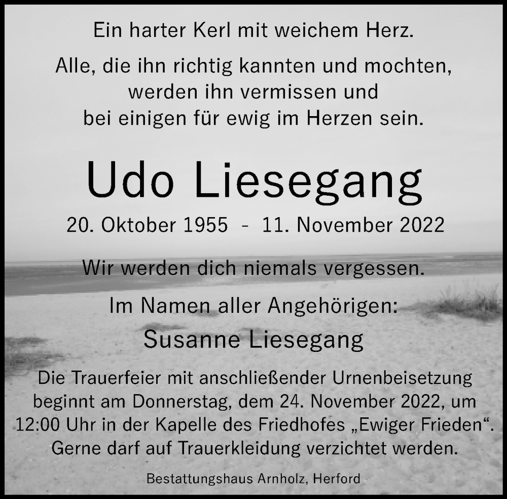  Traueranzeige für Udo Liesegang vom 19.11.2022 aus Neue Westfälische