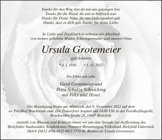 Traueranzeige von Ursula Grotemeier von Neue Westfälische