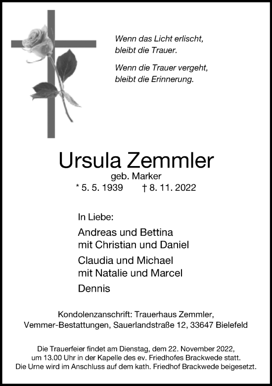 Traueranzeige von Ursula Zemmler von Neue Westfälische