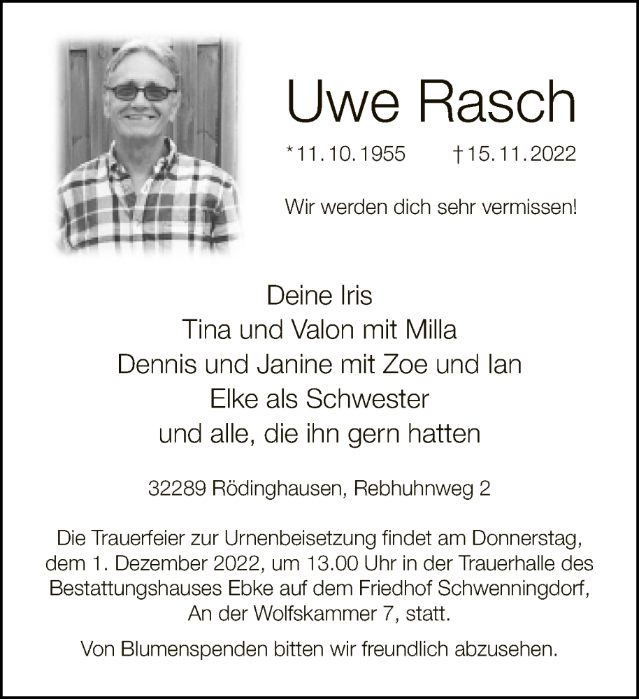  Traueranzeige für Uwe Rasch vom 26.11.2022 aus Neue Westfälische