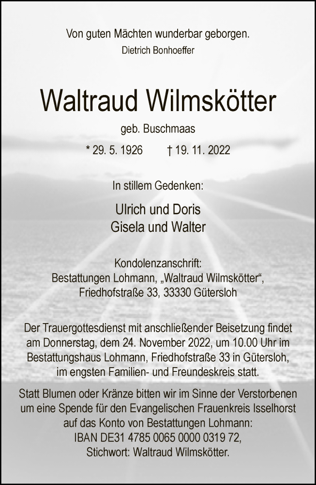 Traueranzeige für Waltraud Wilmskötter vom 22.11.2022 aus Neue Westfälische