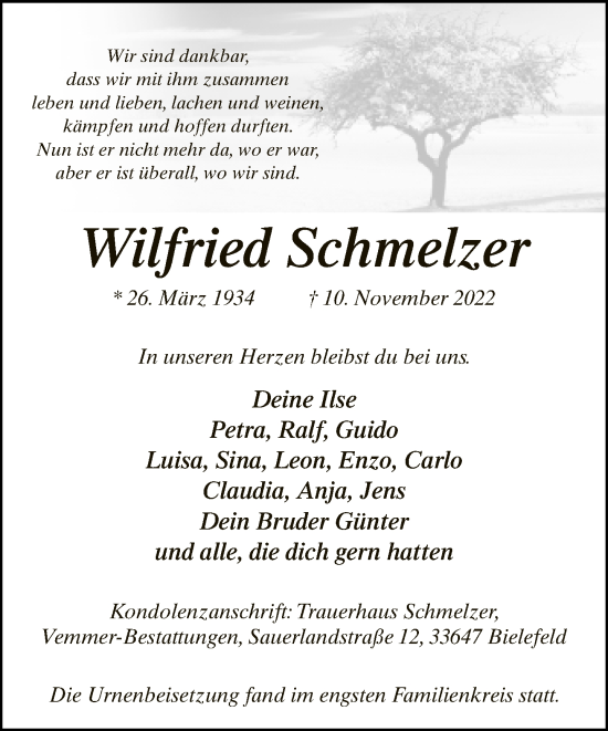 Traueranzeige von Wilfried Schmelzer von Neue Westfälische