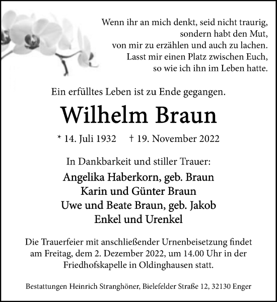 Traueranzeige von Wilhelm Braun von Neue Westfälische