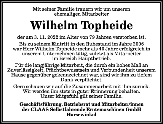 Traueranzeige von Wilhelm Topheide von Neue Westfälische