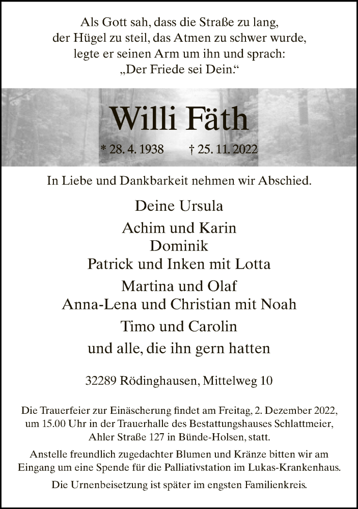  Traueranzeige für Willi Fäth vom 29.11.2022 aus Neue Westfälische