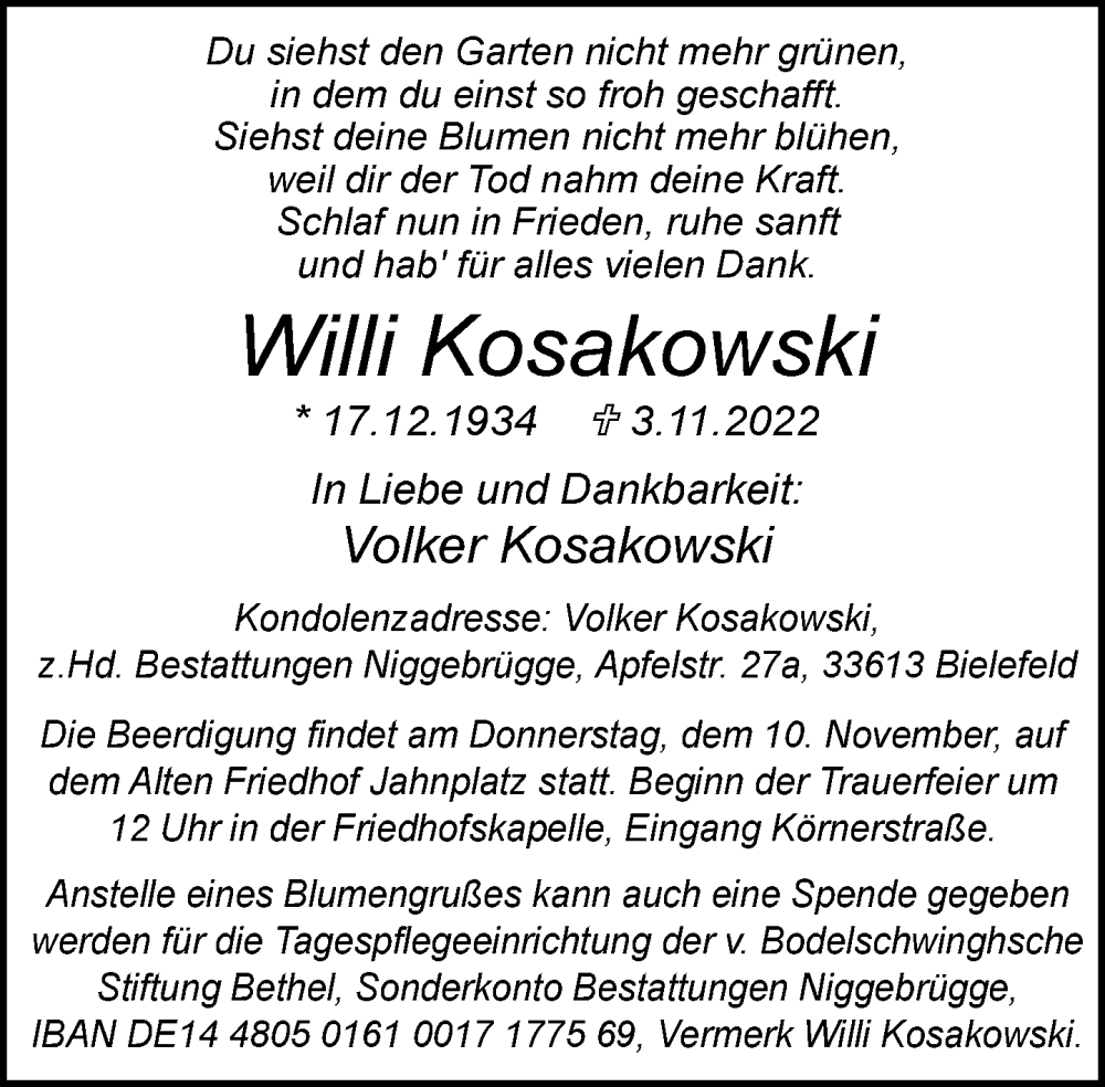  Traueranzeige für Willi Kosakowski vom 05.11.2022 aus Neue Westfälische