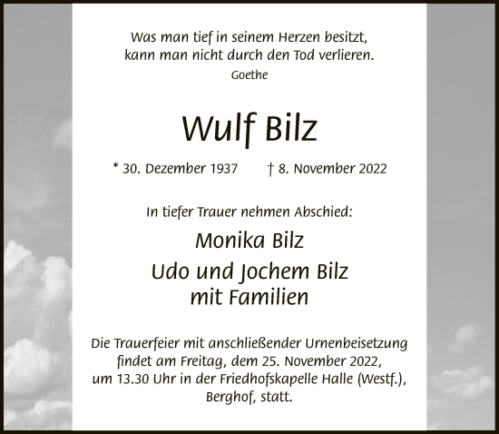 Traueranzeige von Wulf Bilz von Neue Westfälische