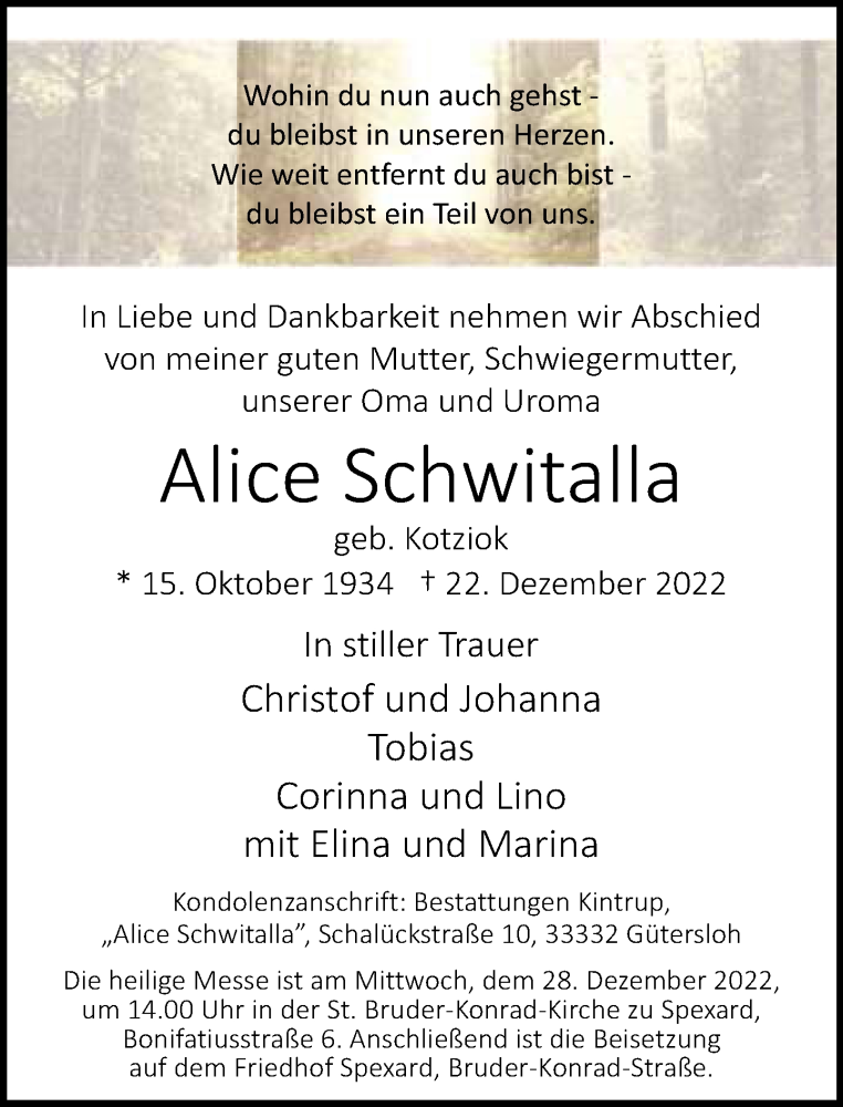  Traueranzeige für Alice Schwitalla vom 24.12.2022 aus Neue Westfälische