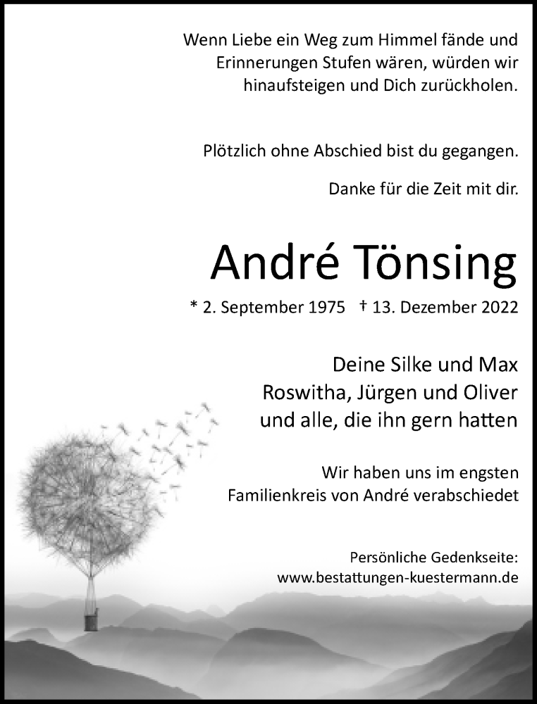  Traueranzeige für Andre Tönsing vom 22.12.2022 aus Neue Westfälische
