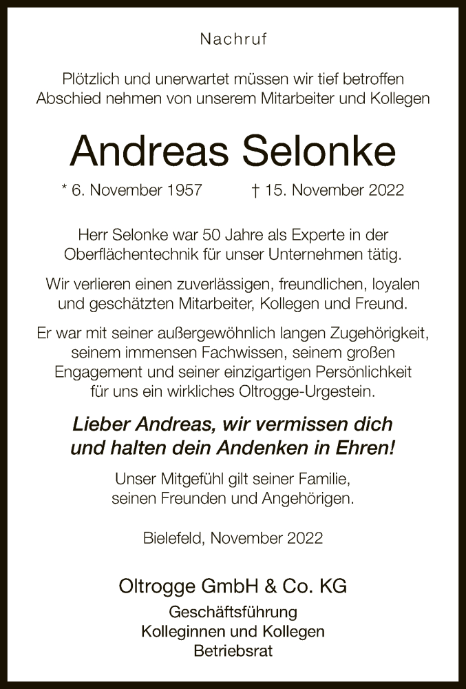  Traueranzeige für Andreas Selonke vom 03.12.2022 aus Neue Westfälische